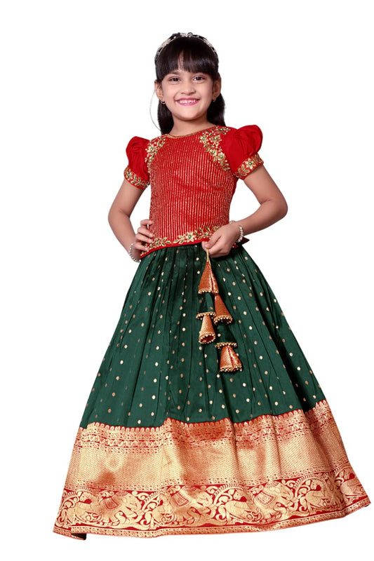 White Button GirlS Pattu Pavadai Readymade Lehenga Choli For Girls Dress