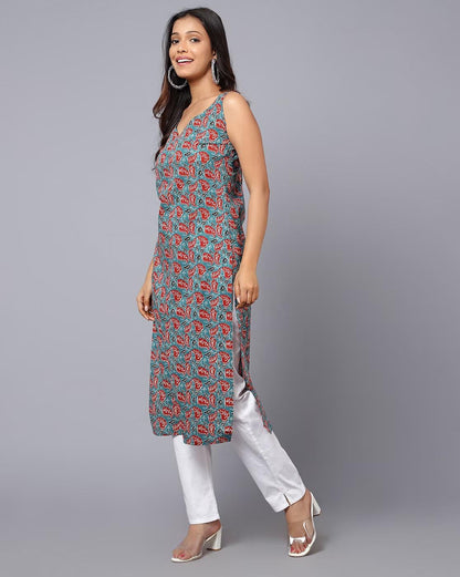 PATLANI Womens Cotton BLENED Sleeveless Printed Full Stitched Kurti.(k-199) Grey