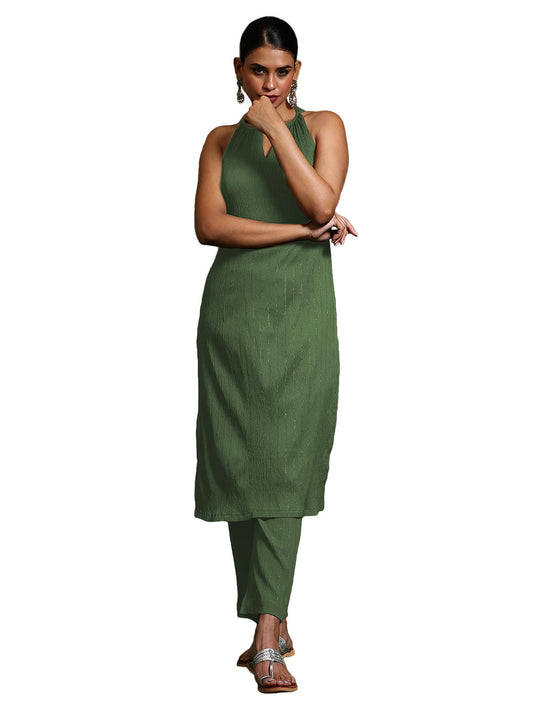 Varanga Green Solid Halter Neck Kurta Set