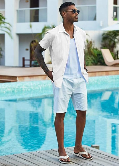 CB-COLEBROOK Mens Casual Button Down Soft Linen Shirts Short Sleeve Textured Summer Beach Shirts for Men (in, Alpha, M, Regular