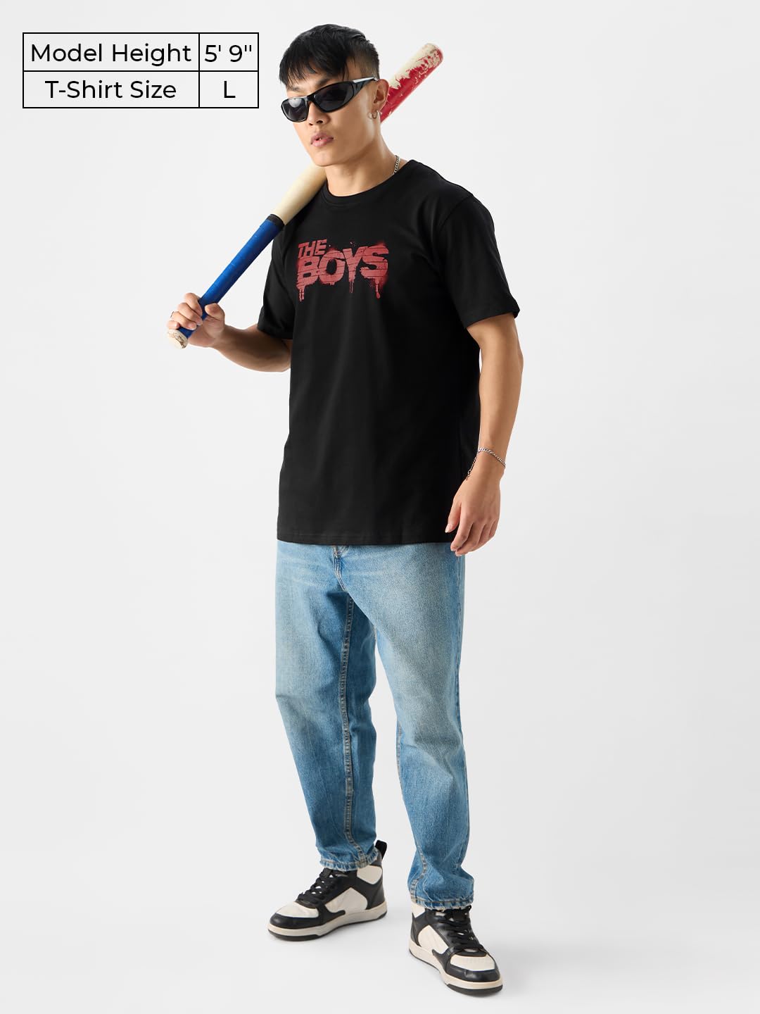 The Souled Store Official The Boys: Logo Men and Boys Short Sleeve Round Neck Black Graphic Print Relaxed Fit T-Shirts Mens Loo
