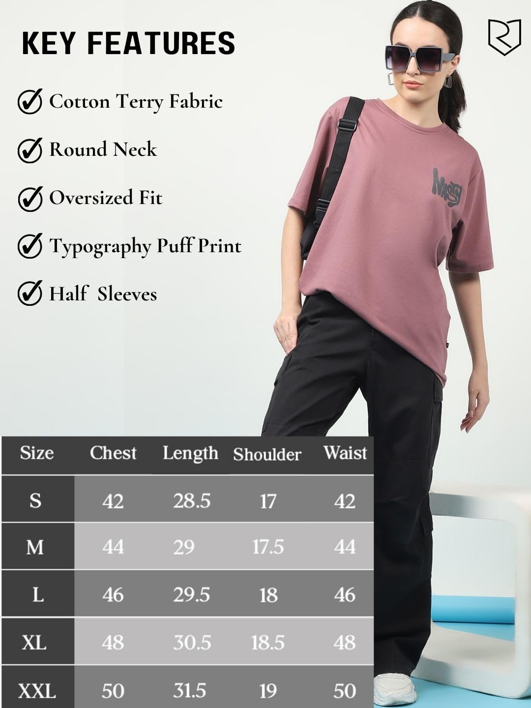 Rigo Terry Printed Oversized T-Shirt for Women | Drop Shoulder, Half Sleeves T-Shirt for Women | Oversized Baggy Fit T-Shirt for