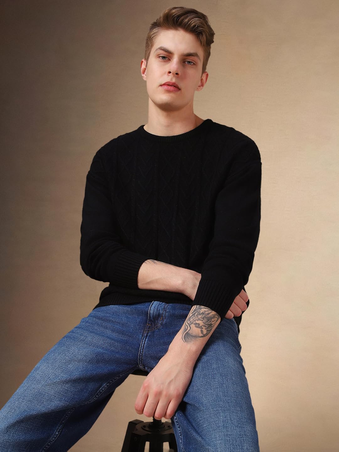 Dennis Lingo Men Black Solid Acrylic Relaxed Fit Full Sleeve Sweater