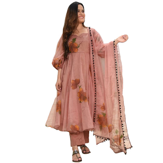 GoSriKi Women's Organza Printed Anarkali Kurta with Pant & Dupatta