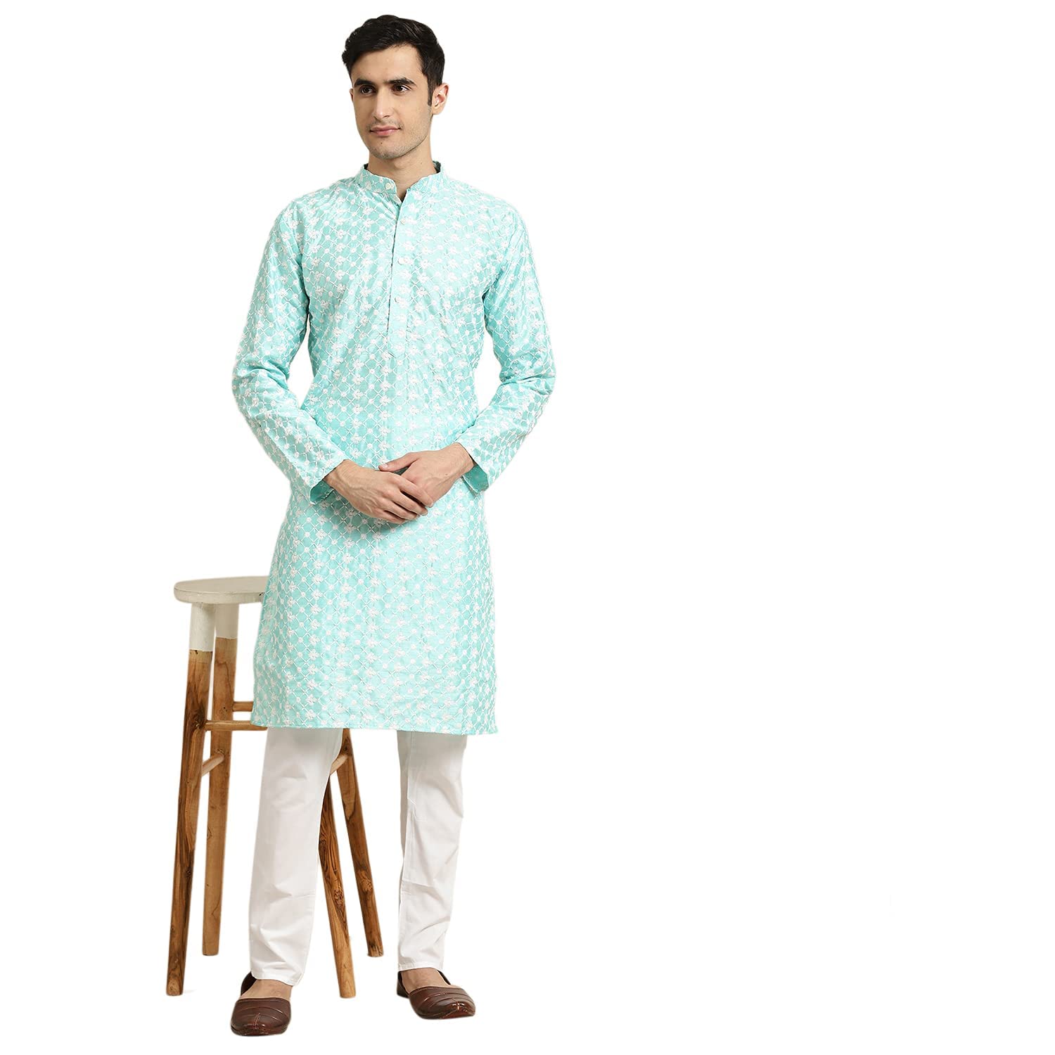 SOJANYA (Since 1958 Men's Silk Blend Blue Embroidered Kurta & White Churidar Pyjama Set Size 44