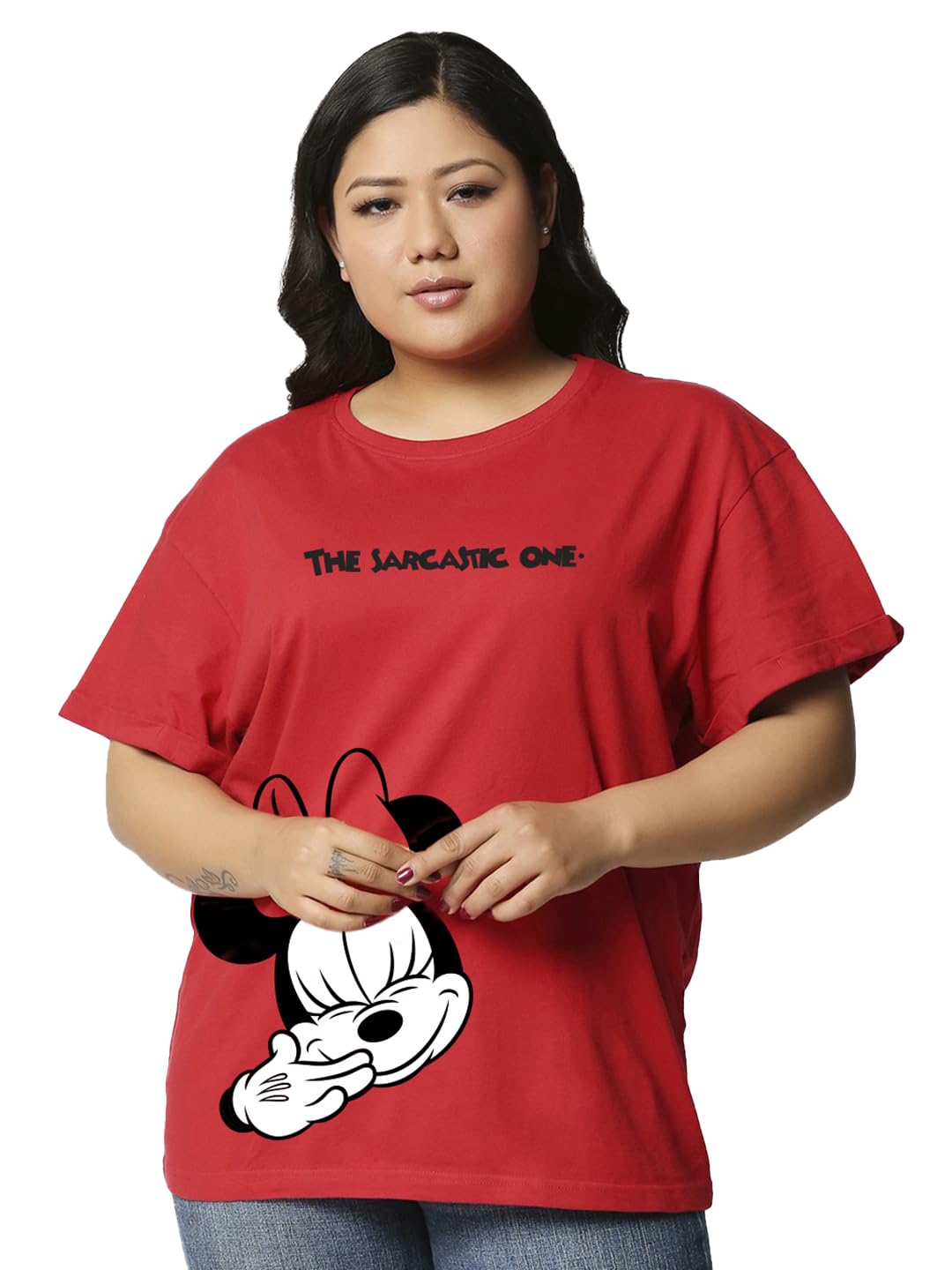 Bewakoof Official Disney Merchandise Womens Graphic Print Boyfriend Fit Half Sleeve Round Neck Cotton Plus Size T-Shirt_493066_
