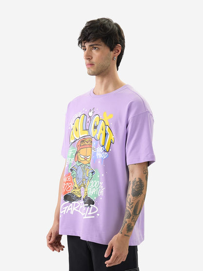 The Souled Store Official Garfield: Cool Cat Men and Boys Short Sleeve Round Neck Purple Graphic Printed Cotton Oversized T-Shir