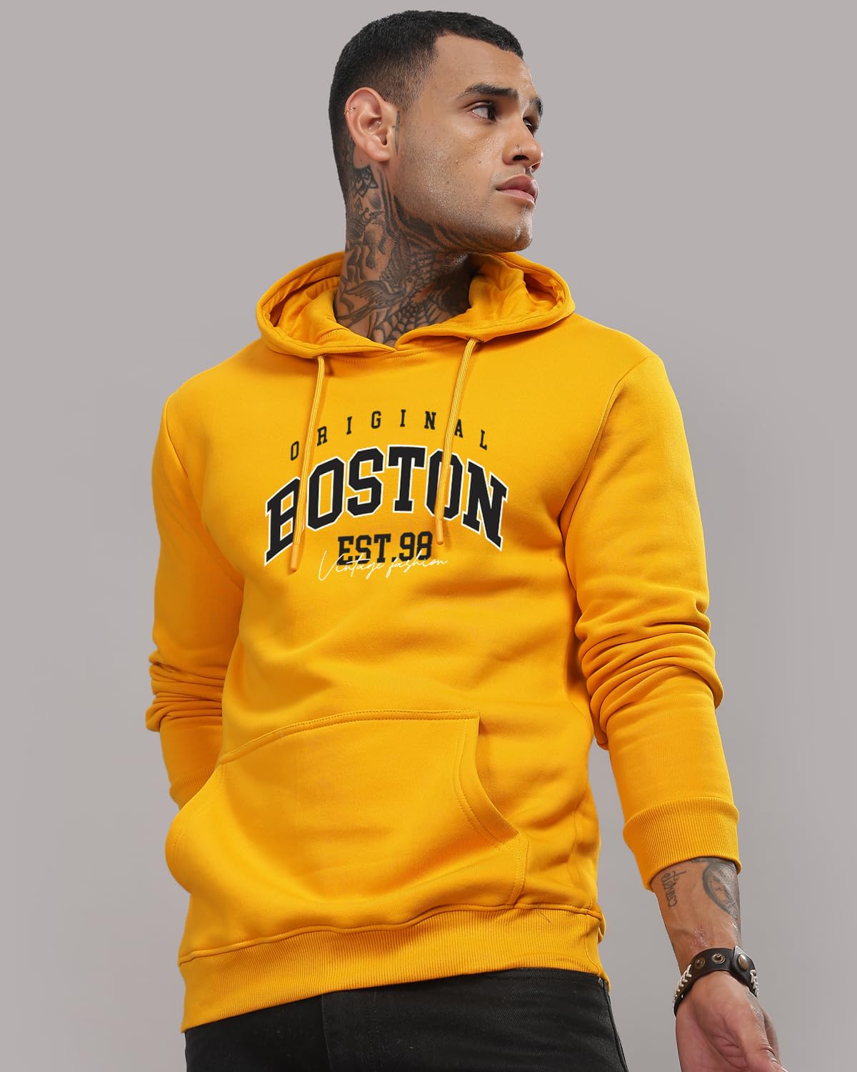 ADRO Men's Cotton Neck Hooded Sweatshirt (H24-BOST-MU_Mustard