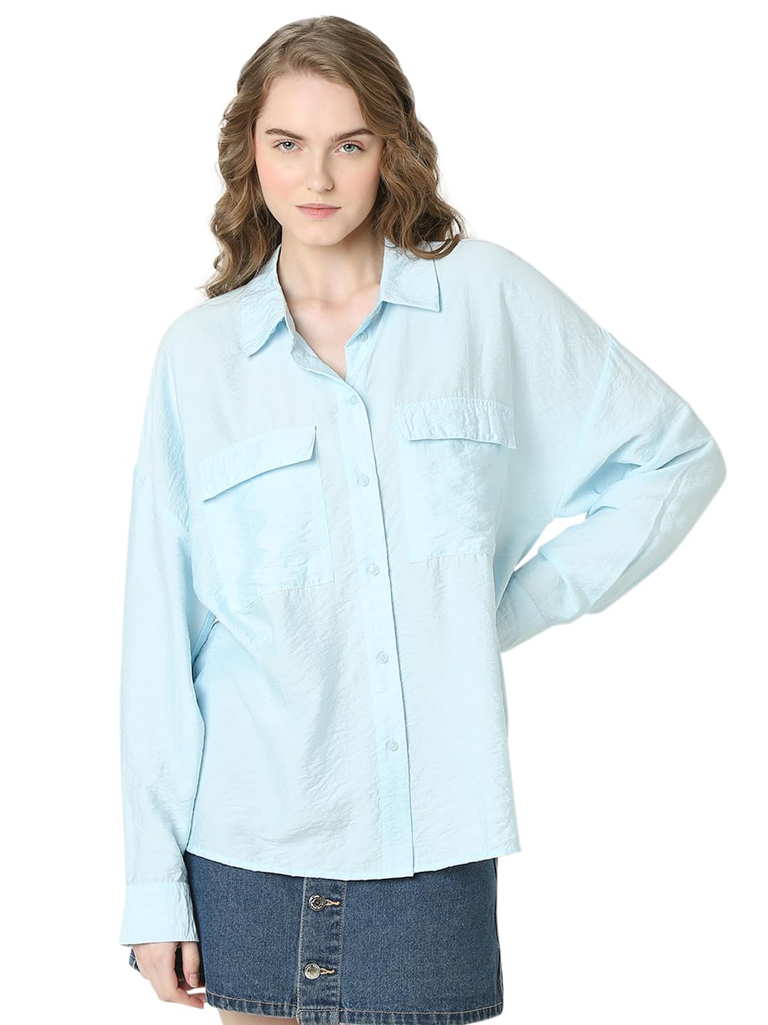 Vero Moda Women Solid Blue Viscose Relaxed Fit Shirt