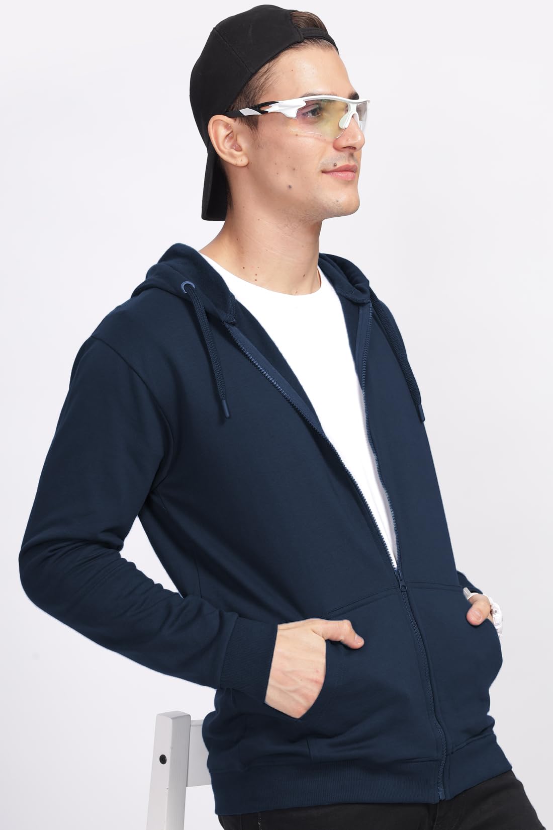 ADRO Mens Cotton Neck Hooded Sweatshirt (ZHH-24-PLN-NB_Navy Blue