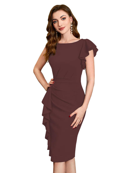 Shasmi GirlS & WomenS Asymmetrical Sleeve Ruffle Trim Cocktail Party Fitted One Piece Knee Length Midi Dress For Women Stylish