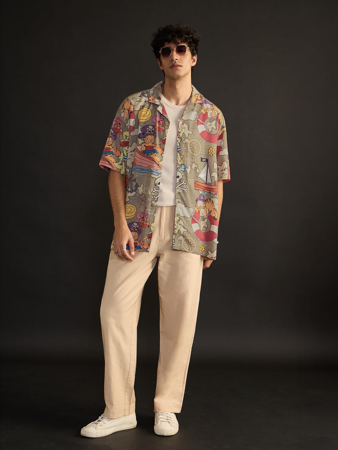 The Souled Store Garfield: Pirates Cove Men and Boys Short Sleeve Spread Collar Button Front Beige All Over Printed Rayon Overs