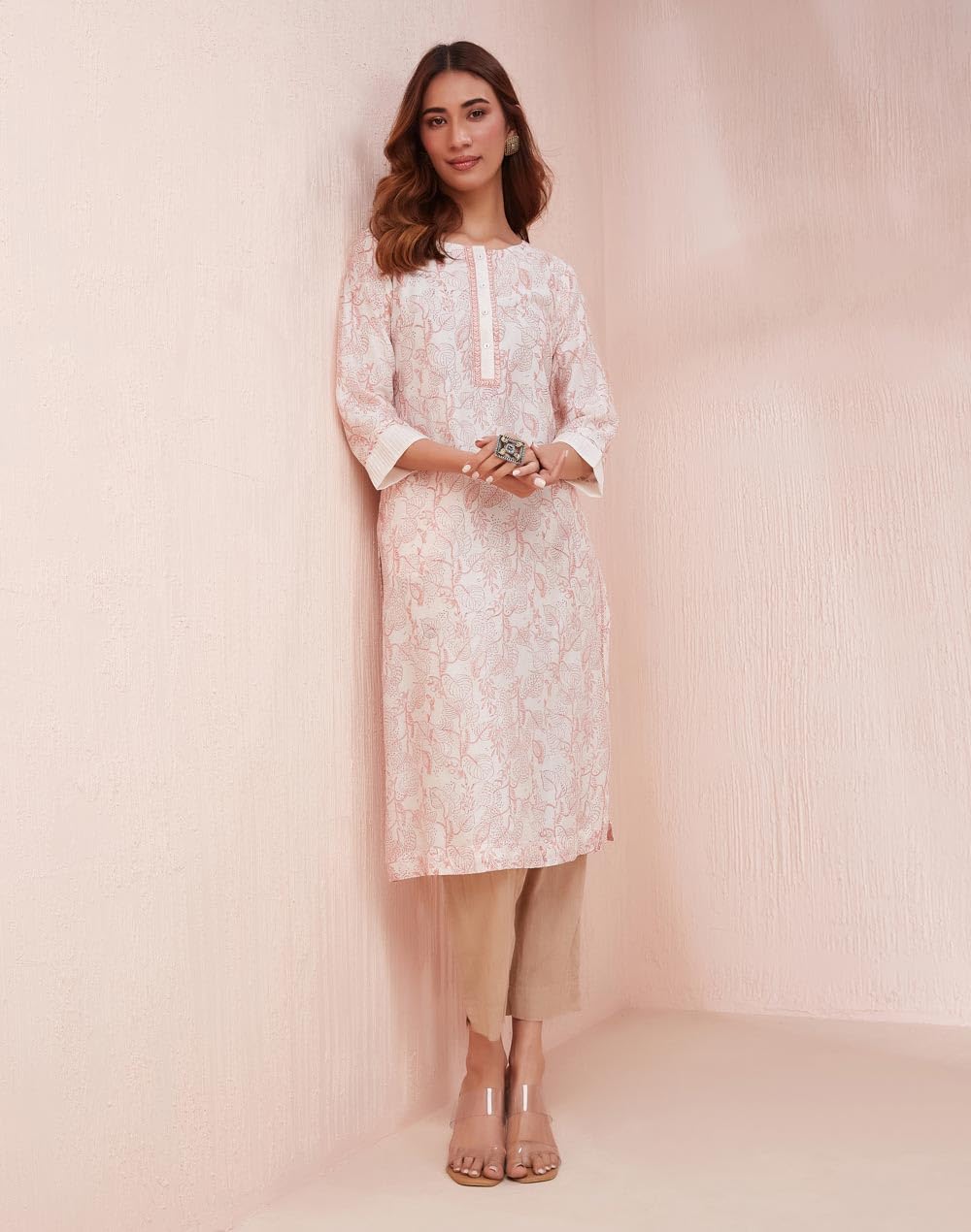 Fabindia WomenS Cotton Silk Printed Regular Kurta (1037288Natural- Off White-Pink