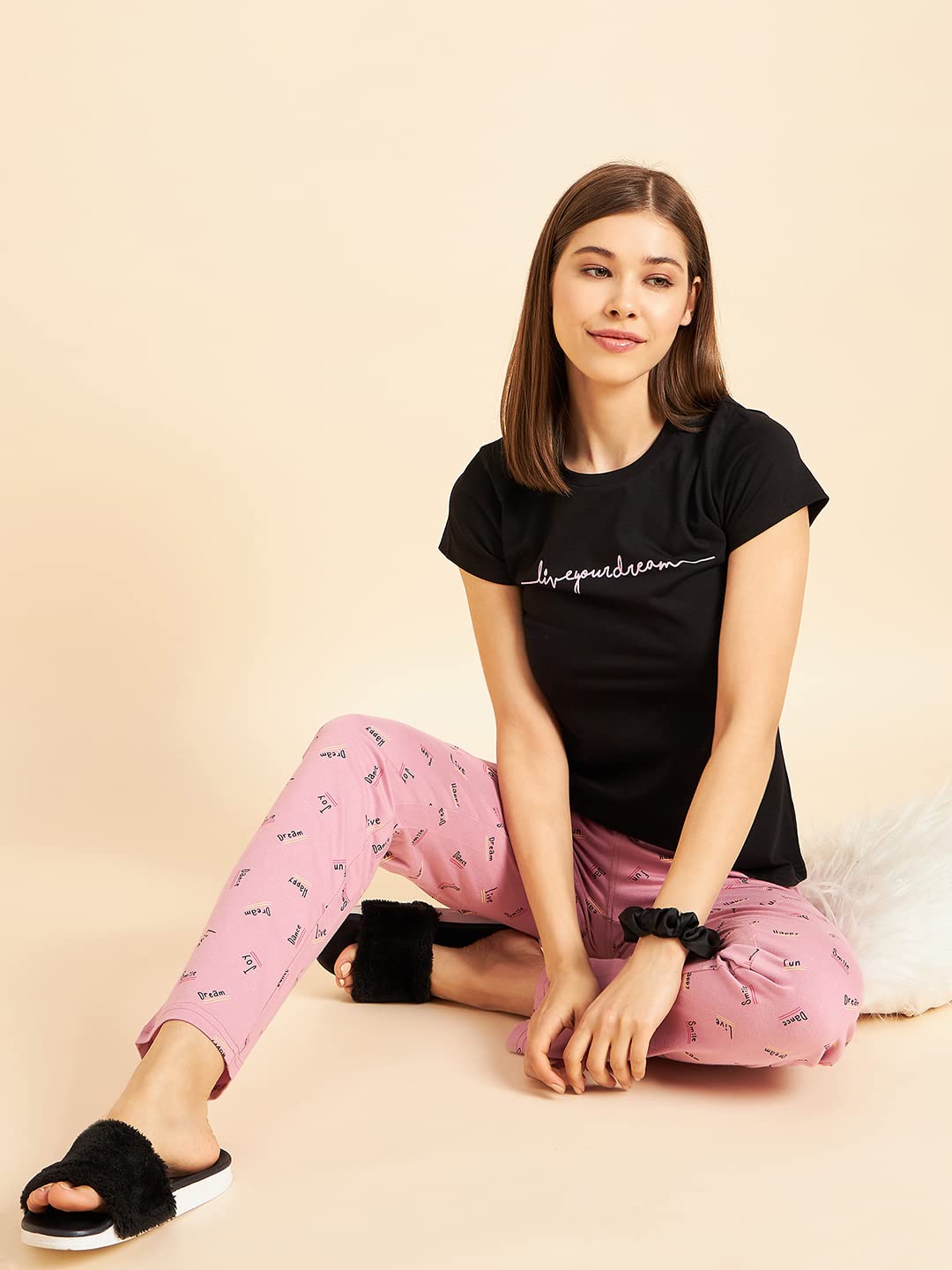 Sweet Dreams Women Cotton Top & Pyjama Set Black
