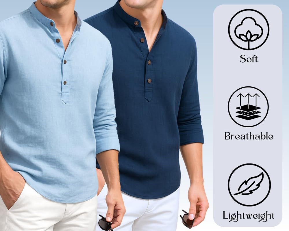 Deelmo Combo Of MenS Cotton Blend Solid Regular Fit Full Sleeve Short Kurta | MenS Trendy Short Kurta Pack Of 2 Sky - Navy