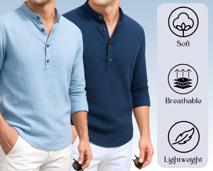 Deemoon Combo Of MenS Cotton Blend Solid Regular Fit Full Sleeve Short Kurta | MenS Trendy Short Kurta Pack Of 2 (Available In