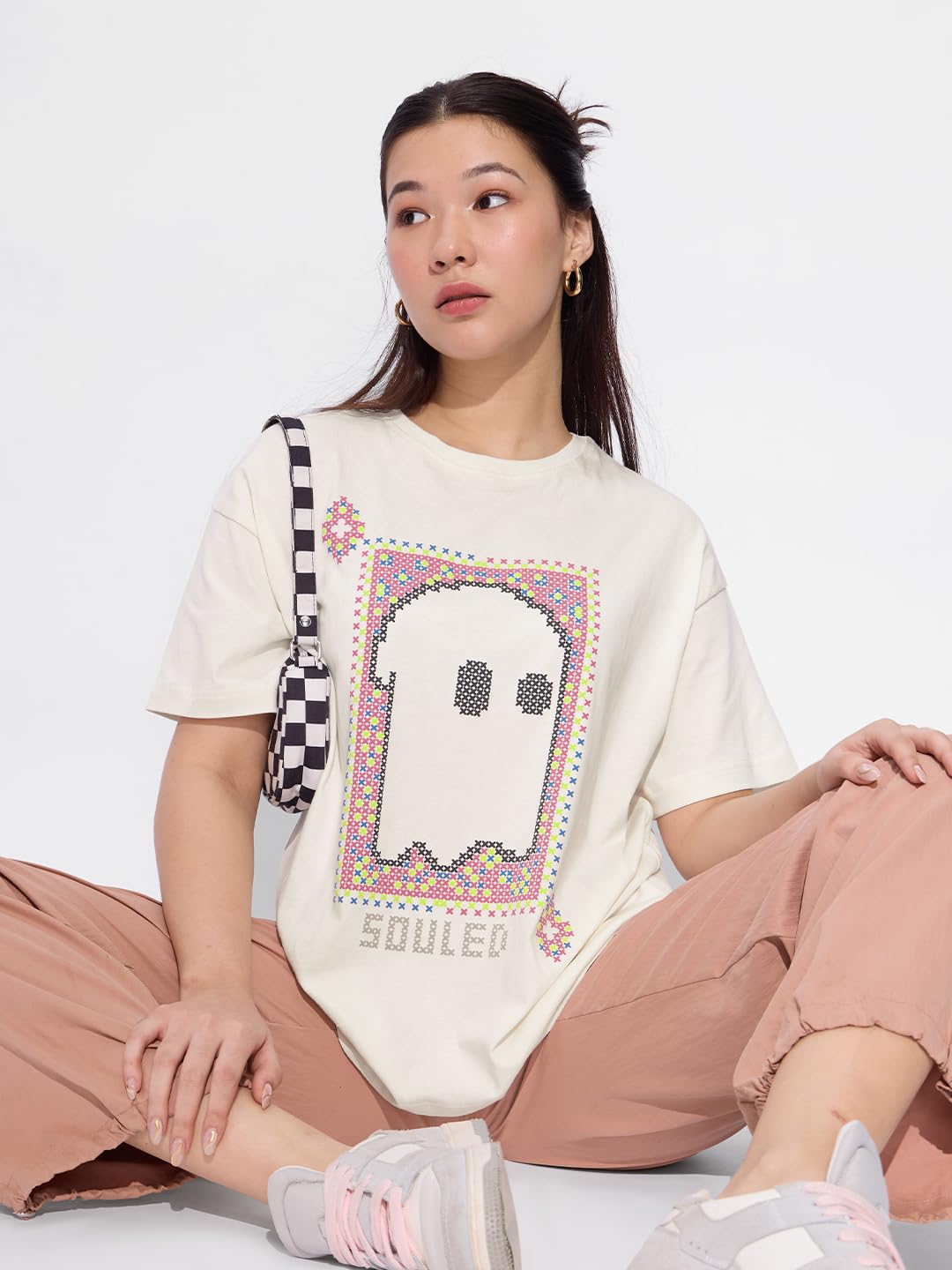 The Souled Store Soul Spark Women and Girls Short Sleeves Round Neck Off White Puff Printed Cotton Oversized T-Shirts