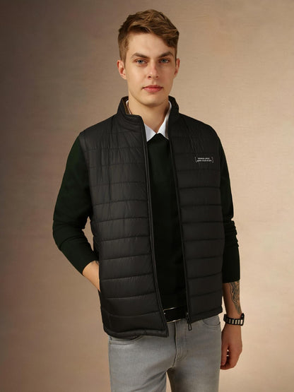 Dennis Lingo Men Black Solid Regular Fit Sleeveless Mock Collar Padded Jacket