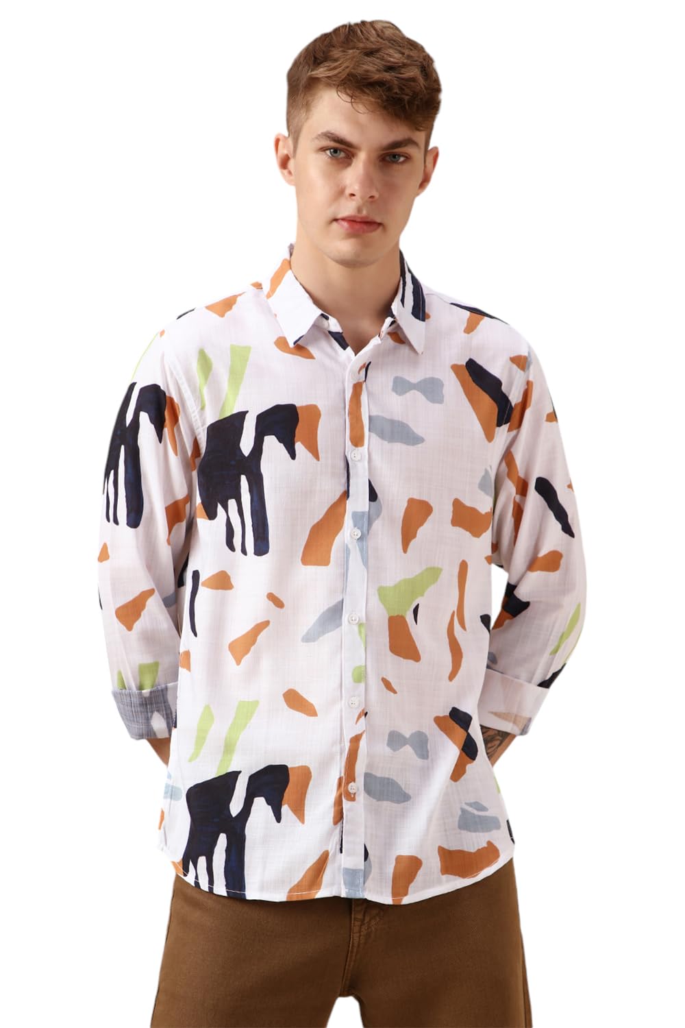 Dennis Lingo Men White Cotton Slub Full Sleeve Spread Collar Abstract Print Shirts