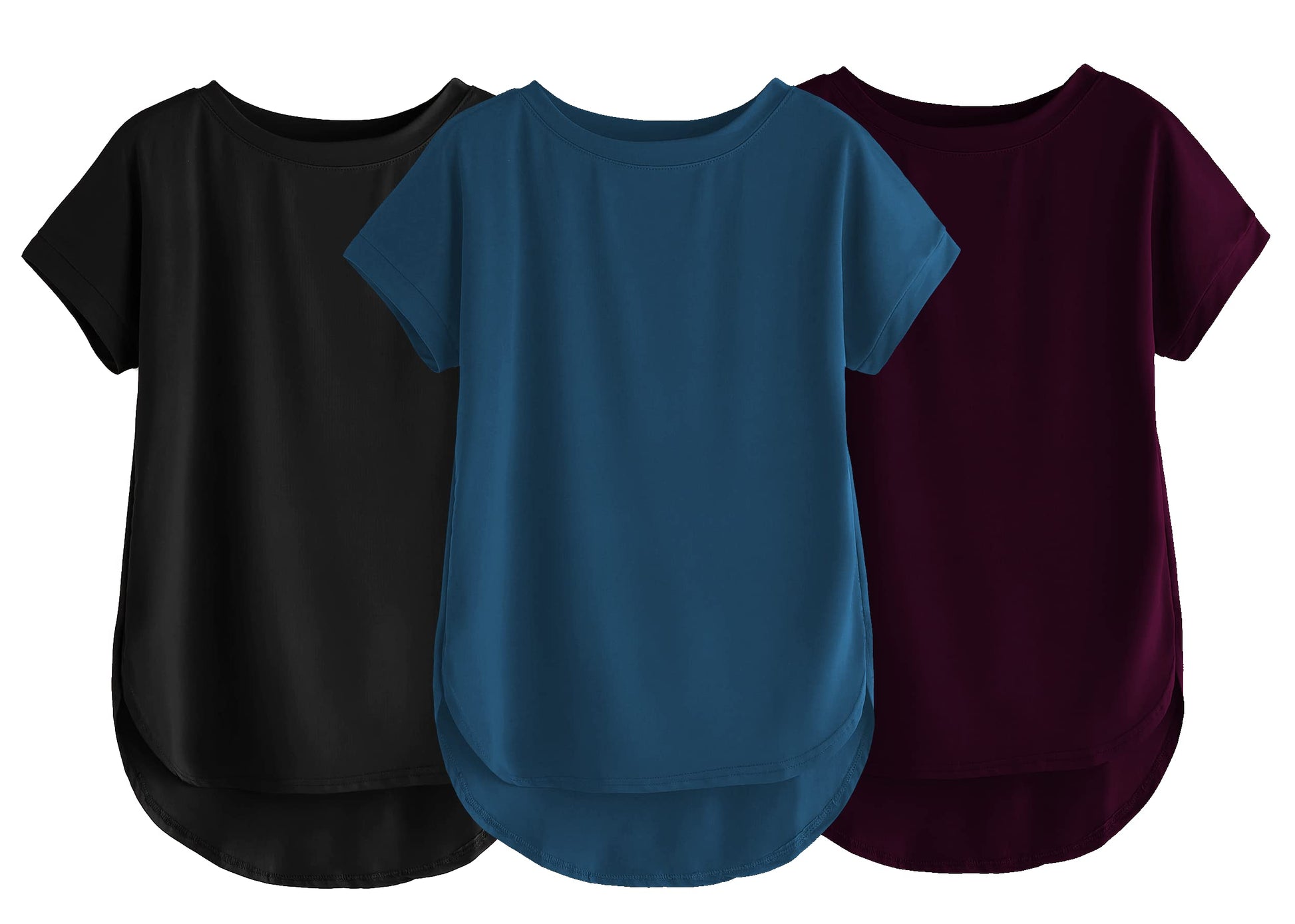 Fabricorn Combo Of Three Plain Black, Airforce Blue And Wine Round Neck Up And Down Cotton Tshirt For Women (Black, Airforce Blu
