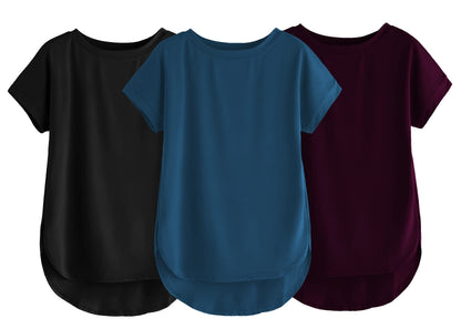 Fabricorn Combo Of Three Plain Black, Airforce Blue And Wine Round Neck Up And Down Cotton Tshirt For Women (Black, Airforce Blu