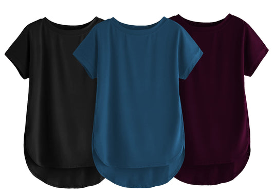 Fabricorn Combo Of Three Plain Black, Airforce Blue And Wine Round Neck Up And Down Cotton Tshirt For Women (Black, Airforce Blu