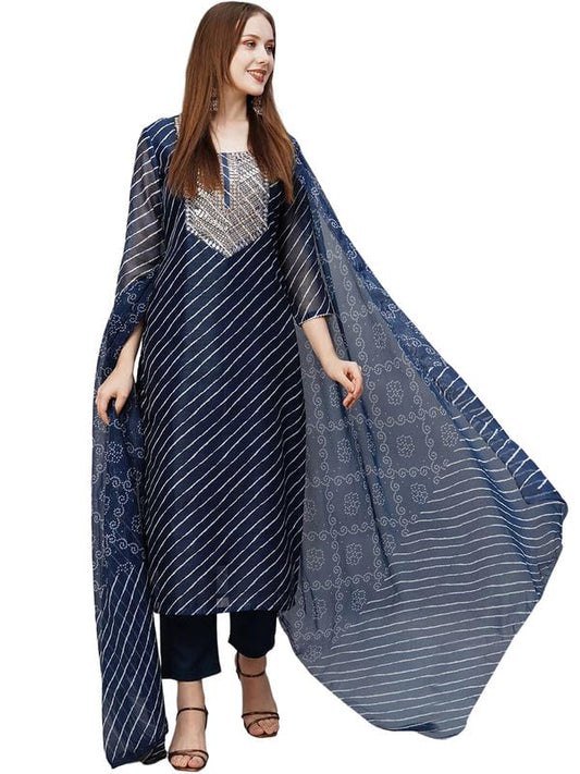 Pinkmint Women Cotton Blend A-Line Printed Kurta With Pant & Dupatta Blue