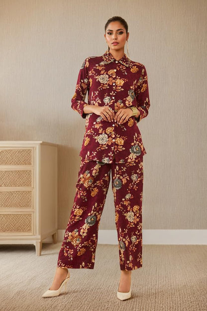 Soch Womens Maroon Rayon Floral Printed Co-Ord Set With Cutdana Work