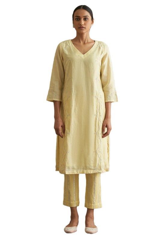 W For Woman Yellow Cotton Silk Gota Kurta