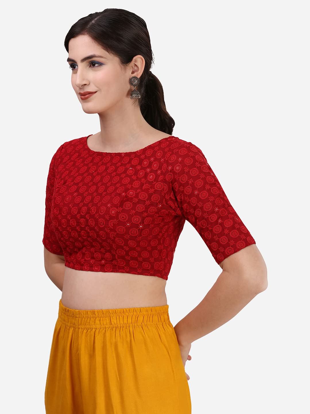 Oomph! Traditional Cotton Schiffli Fabric Blouse For Women |Elbow Length Sleeves | Wedding & Festival Wear | Comfortable & Trend