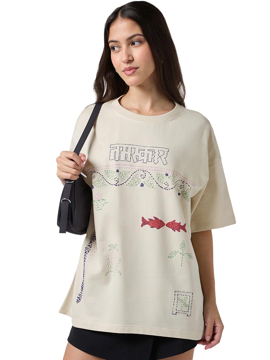 Bewakoof Heavy Duty 1.0 Womens Graphic Print Oversized Fit Half Sleeve Round Neck Terry T-Shirt_684862_Beige_XL