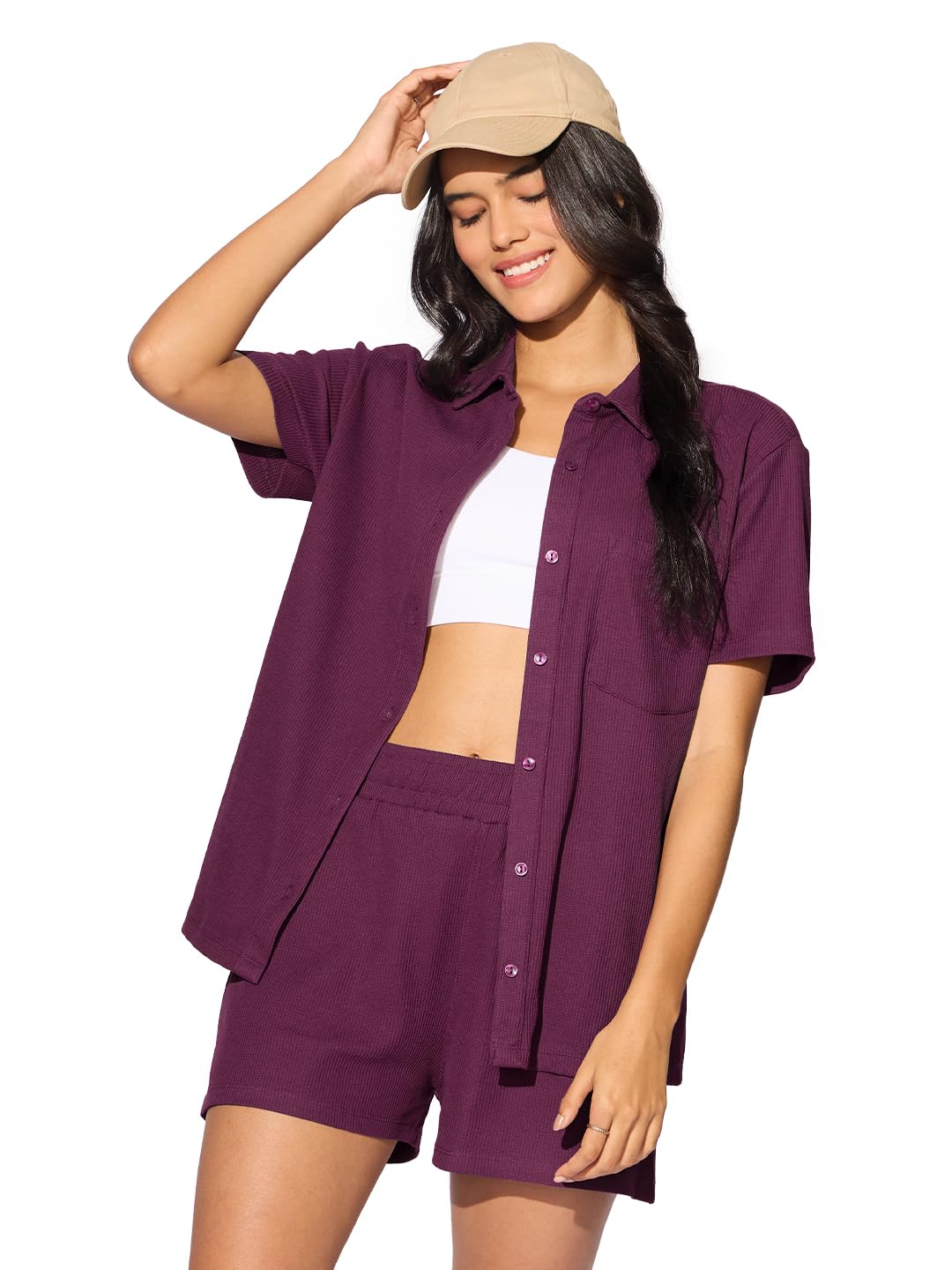 The Souled Store Solids: Spiced Plum Women and Girls Short Sleeves Collared Neck Button Front Textured Cotton Blend Boyfriend Sh