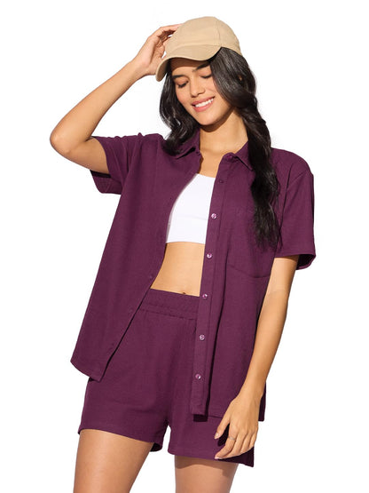 The Souled Store Solids: Spiced Plum Women and Girls Short Sleeves Collared Neck Button Front Textured Cotton Blend Boyfriend Sh