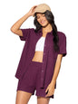 The Souled Store Solids: Spiced Plum Women and Girls Short Sleeves Collared Neck Button Front Textured Cotton Blend Boyfriend Sh