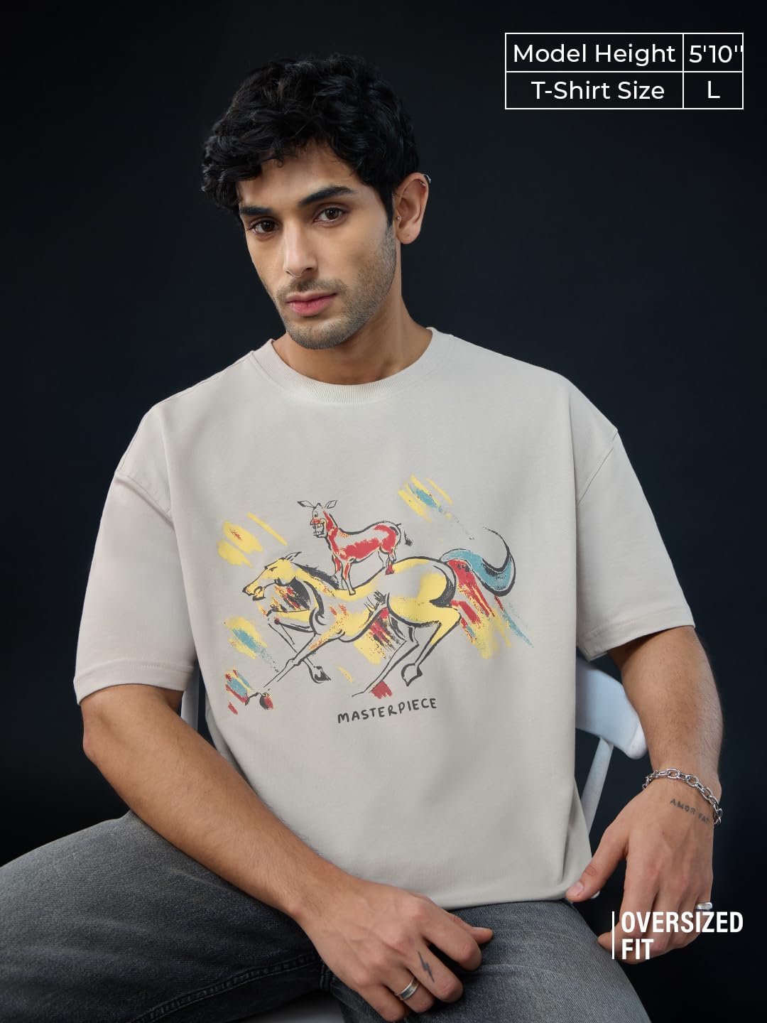 The Souled Store Welcome: Majnu Bhai Painting Men and Boys Grey Graphic Printed Cotton Oversized T-Shirts