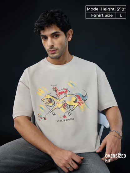 The Souled Store Welcome: Majnu Bhai Painting Men and Boys Grey Graphic Printed Cotton Oversized T-Shirts