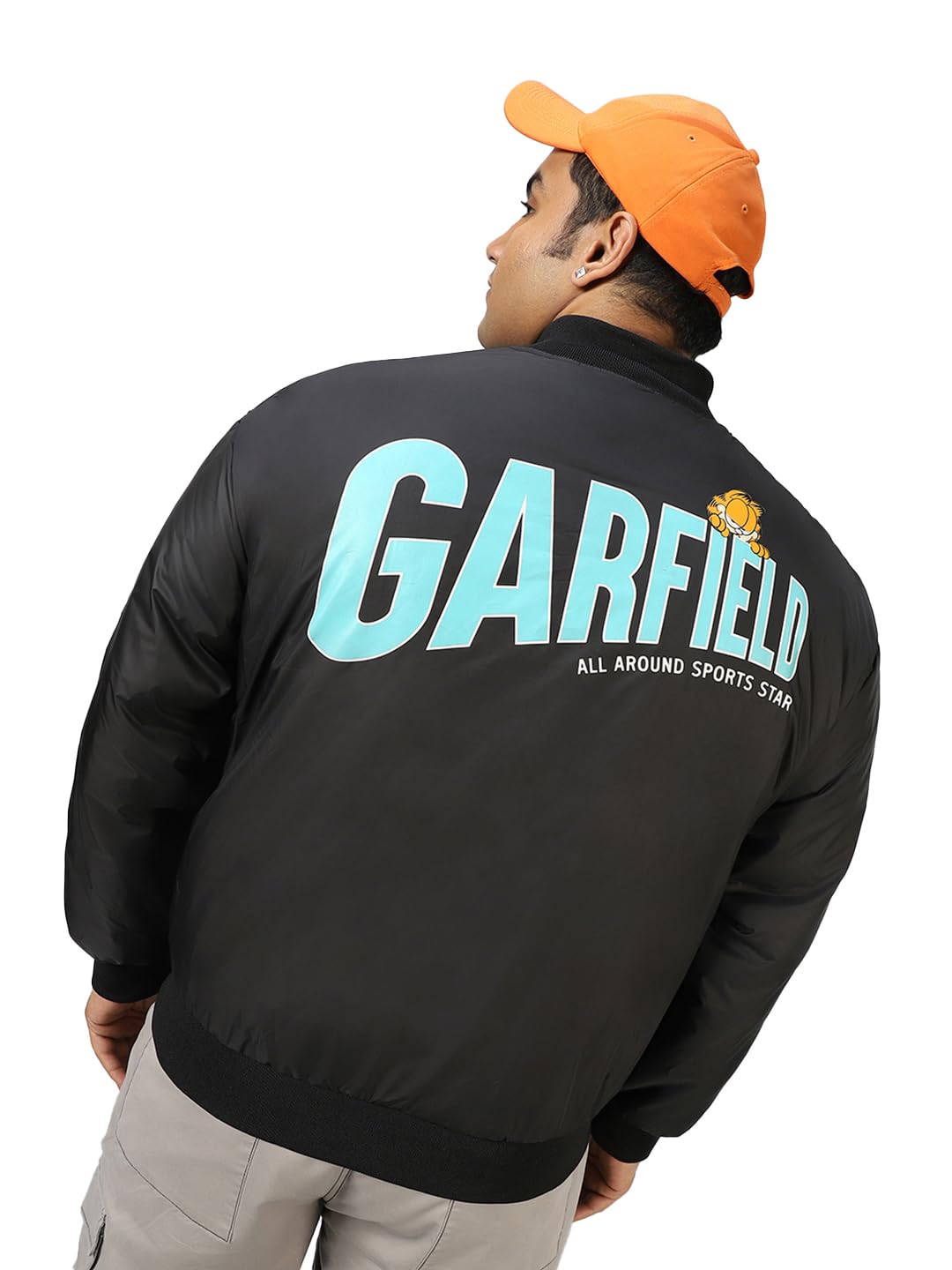 Bewakoof Official Garfield Merchandise Mens Graphic Printed Oversized Fit Plus Size Jacket_597104_Black_3XL