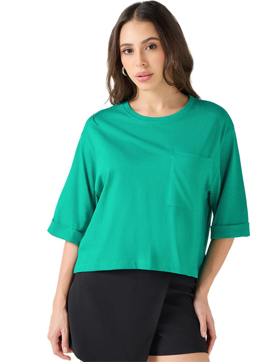 Bewakoof Womens Solid Oversized Fit Half Sleeve Round Neck Cotton Crop_637360_Green_M