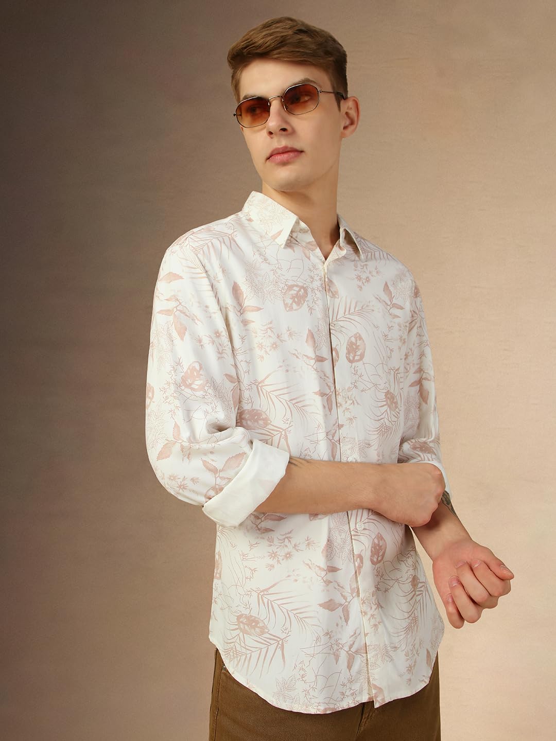 Dennis Lingo MenS Dusty Pink Full Sleeve Spread Collar Printed Relaxed Fit Casual Shirt