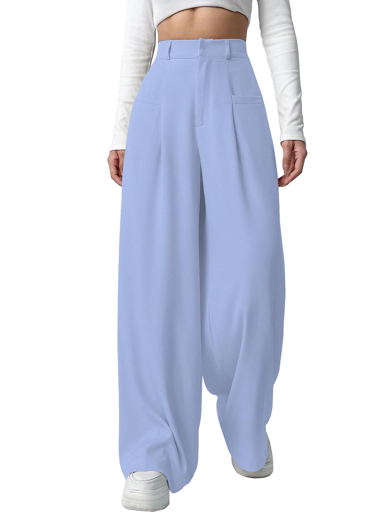 Shasmi Women & Girls Solid Sky Blue Color Loose Fit, Pleated Trousers, Wide Leg Pocket Casual Long Korean Trousers Pant (Pant 14