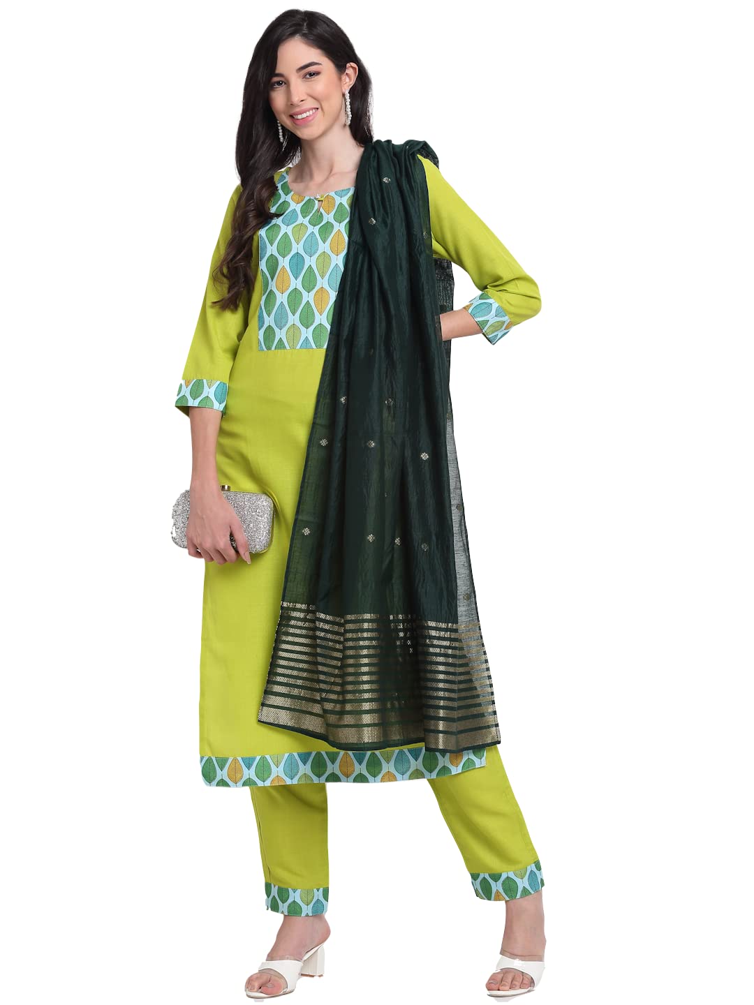 ANNI DESIGNER Women's Cotton Straight Kurta with Pant & Dupatta (MOHAK Green)