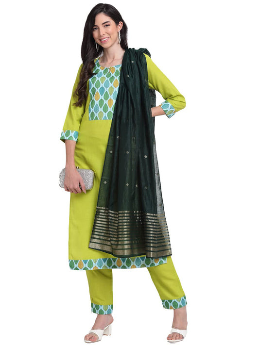 ANNI DESIGNER Women's Cotton Straight Kurta with Pant & Dupatta (MOHAK Green)