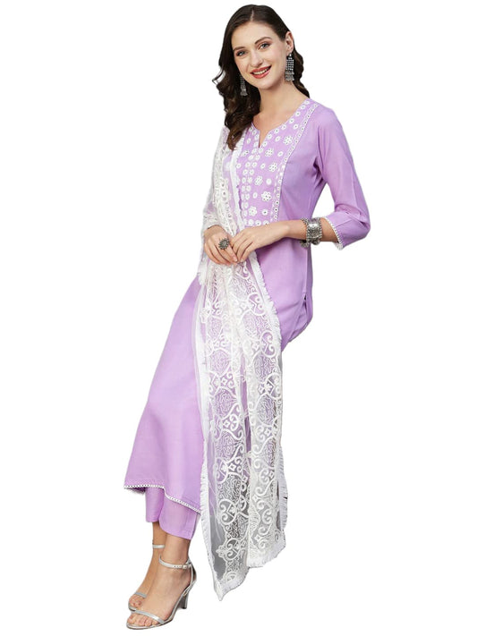 ANNI DESIGNER Women's Cotton Blend Straight Solid Kurta with Pant & Dupatta (EDDA-PURPLE)
