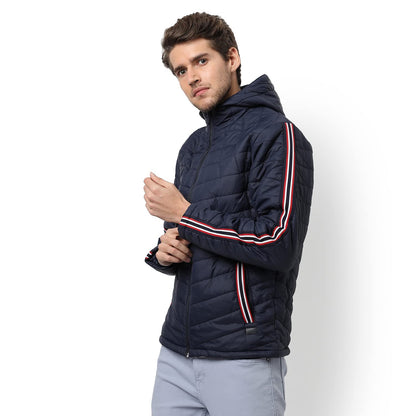 Campus Sutra Mens Indigo Blue Solid Quilted Puffer Regular Fit Bomber Jacket For Winter Wear | Hooded Collar | Full Sleeve | Zi