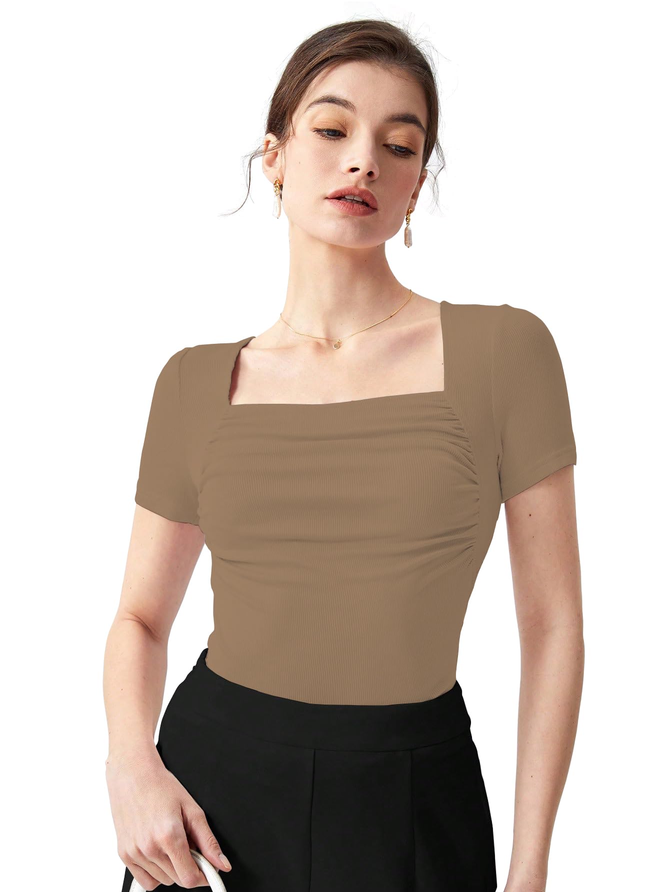 Shasmi Womens & Girls Brown Womens Summer Square Neck Solid Color Ruched Tee Workwear Pleated Casual t-Shirt for Women (Top 1