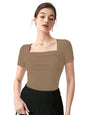 Shasmi Womens & Girls Brown Womens Summer Square Neck Solid Color Ruched Tee Workwear Pleated Casual t-Shirt for Women (Top 1