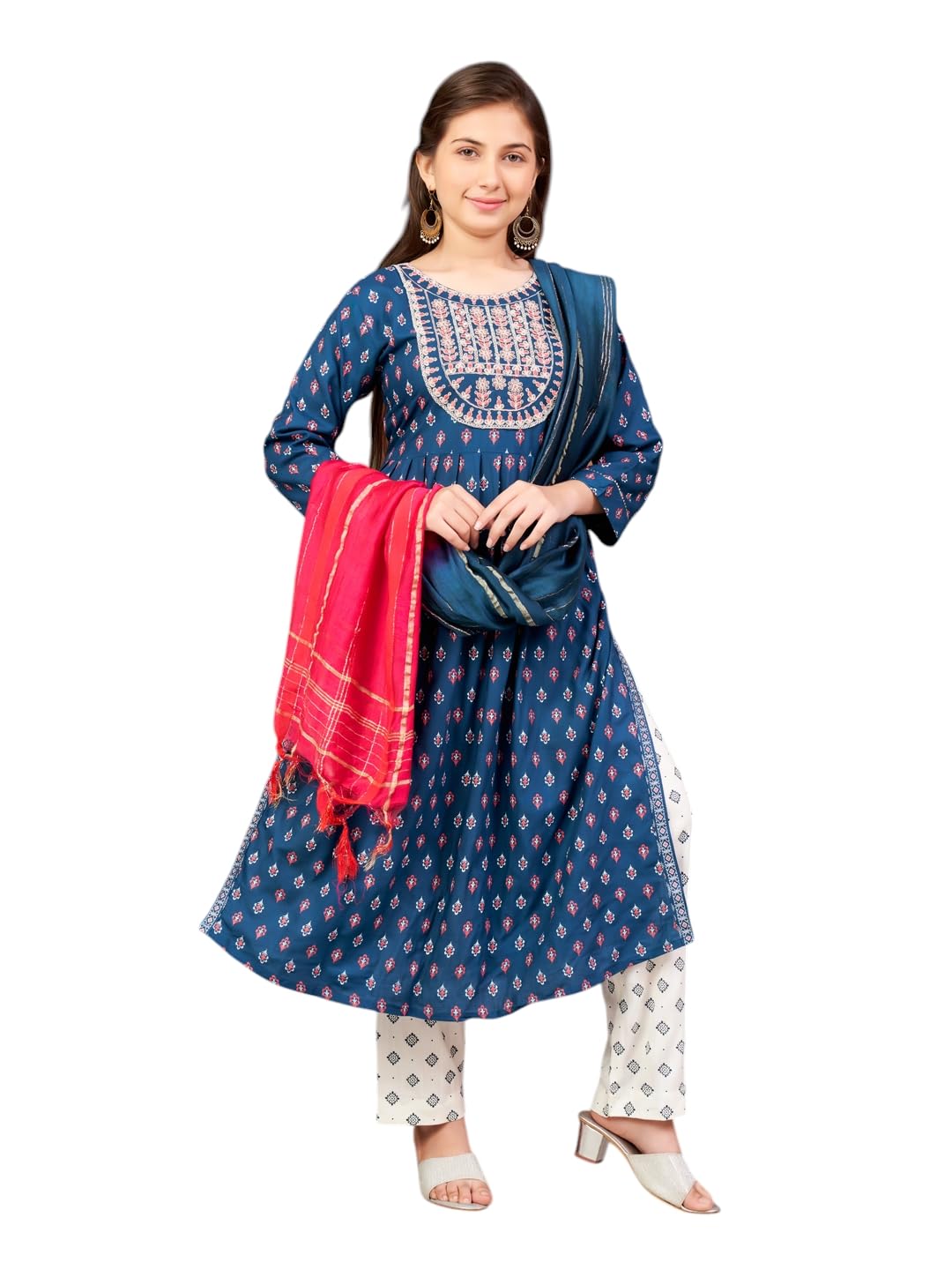 Aarika Girls Ethnic Wear Teal Blue-White Colour Floral Print Rayon Kurti Pant Set-8-15 Years (KP-SD-5869)