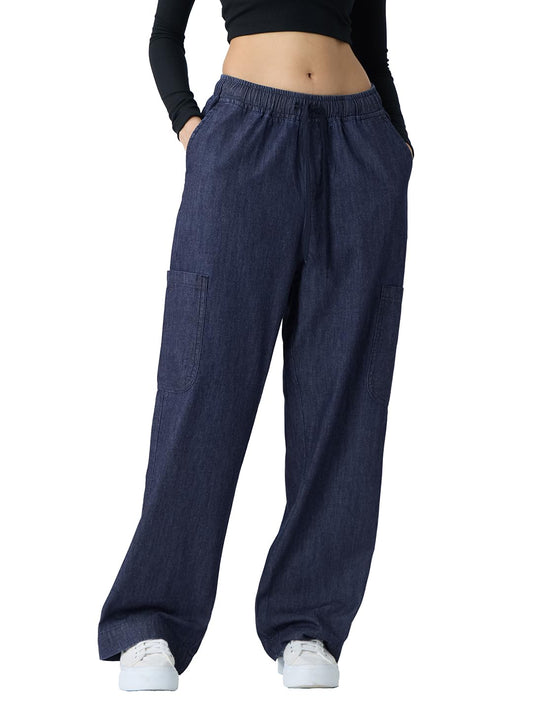 The Souled Store Denim Pants: Raw Blue Women and Girls Drawstringed Solid Straight Fit Cotton Jeans
