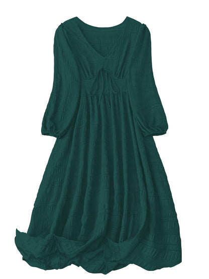 Shasmi Womens & Girls Teal Dress For Women Midi, One Piece Dress For Womens Casual Dress, Solid Textured Lantern Sleeve Tie Fron