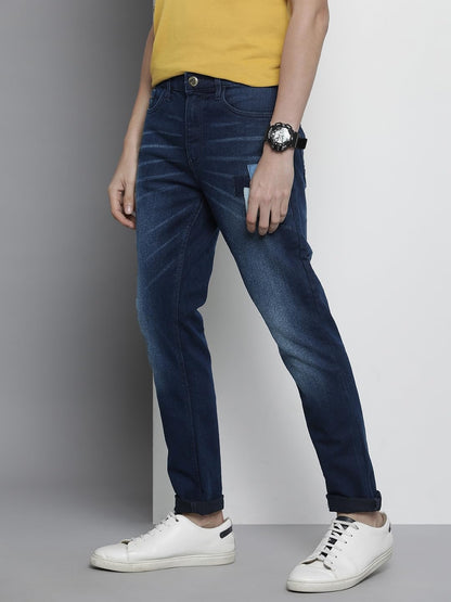 The Indian Garage Co Men Slim Fit Patched Mid-Rise Stretchable Jeans Blue